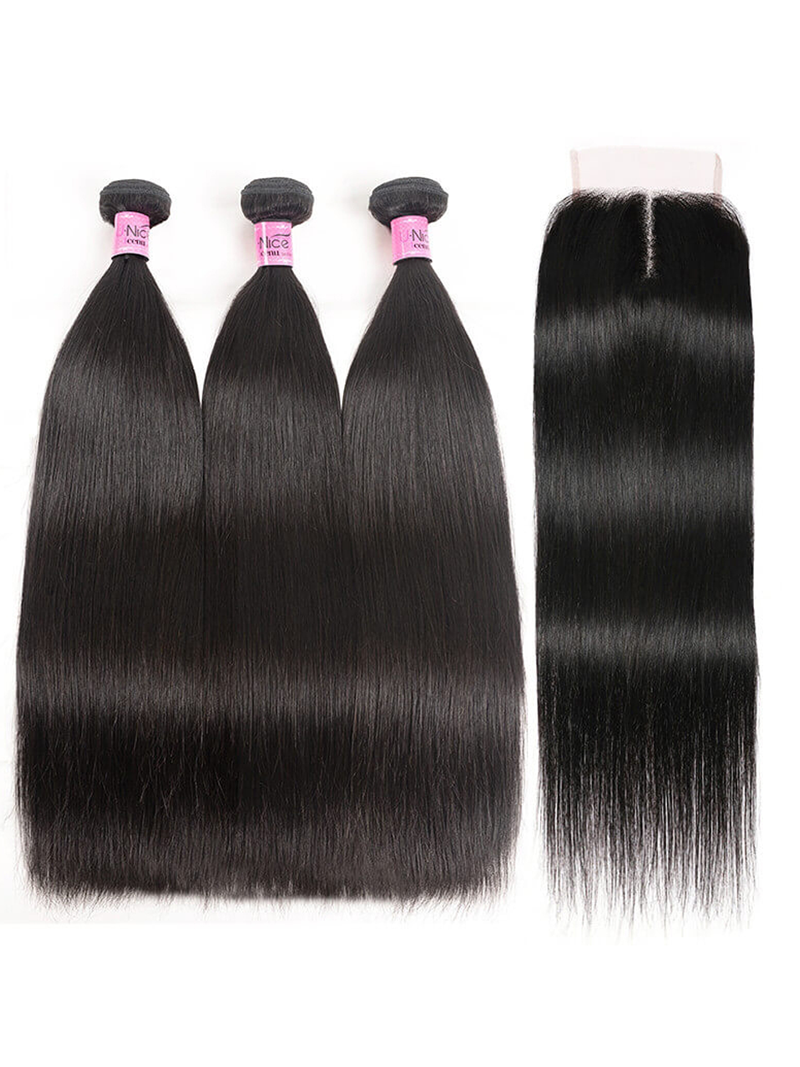 Hair 3 Bundles With Closure Middle Part 100% Virgin Remy Human Hair T Part Lace Closure Natural Black Color