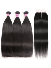 Hair 3 Bundles With Closure Middle Part 100% Virgin Remy Human Hair T Part Lace Closure Natural Black Color