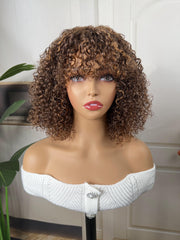 Glueless Curly Bob Brown Highlights Wig With Curtain Bangs