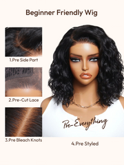 Beginner-friendly black wavy bob wig with pre-side part, pre-cut lace, and pre-bleached knots for secure glueless install.