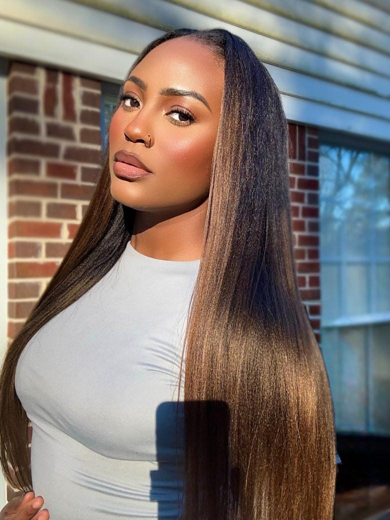 EasiContour? V Part Black to Chestnut Brown Ombre Yaki Wig With Invisi Drawstring