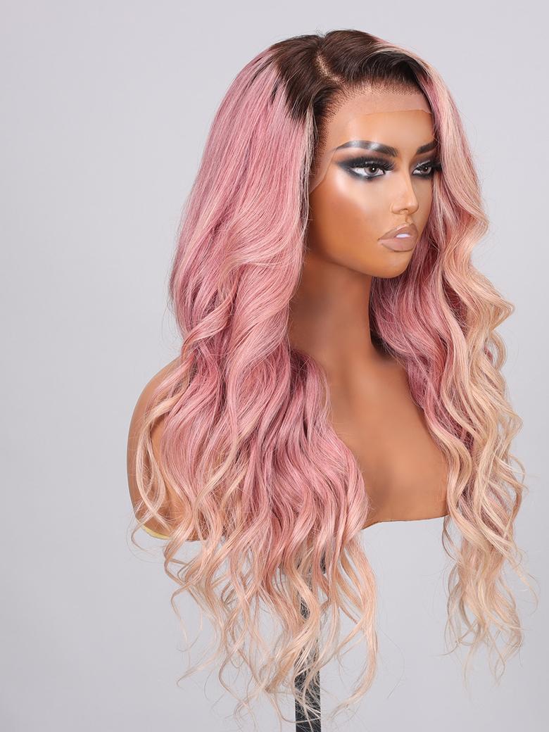13x4 Lace Front Peach Blonde Loose Wave Wig With Brown Roots