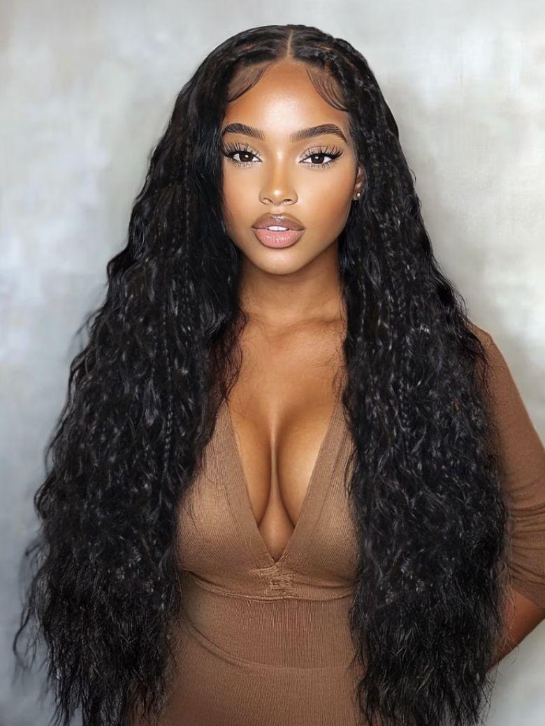 Bye-Bye Knots™ 7x5 Lace Black Water Wave Wig with Locs with Invisi Drawstring