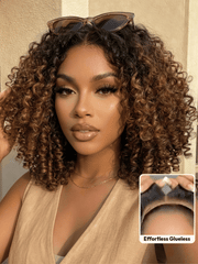 A smiling woman with long, voluminous, curly hair and subtle highlights wears a sleeveless knit top. An inset shows a close-up of her scalp with the realistic hairline of the brown highlight wig labeled ��Invisiknots & Glueless.��.