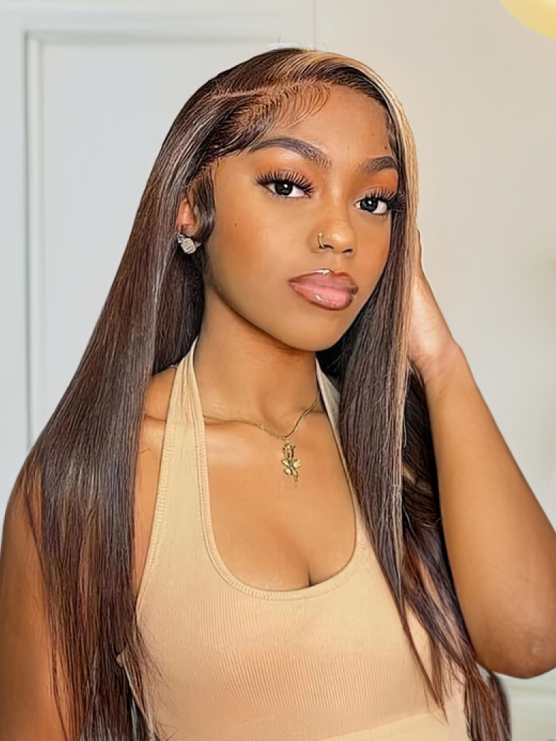Brunette with Blonde Highlight Streaks 13x4 Lace Front Bone Straight Wig