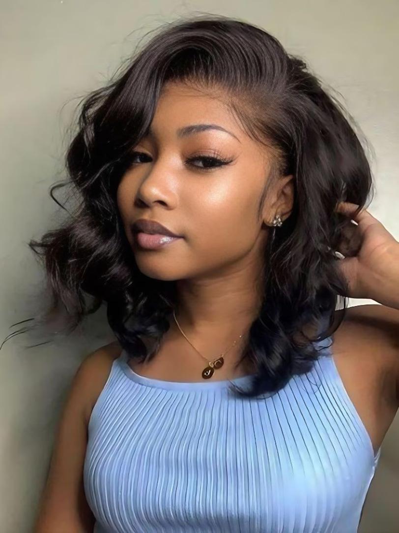 4x4 Lace Closure Black Bob Wig With Side Swept Bangs