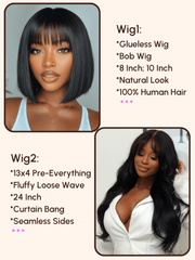 $99=2 Wigs | 16" Lace Part Kinky Curly Wig and 10" Bob Wig with Bang