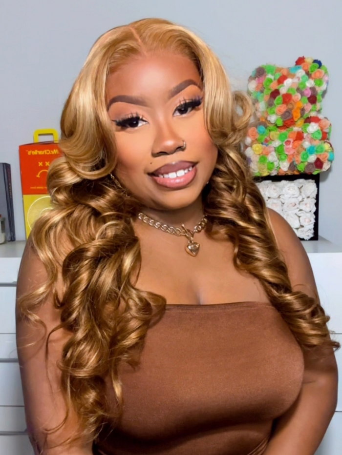 Petaluxe 7x5 Bye Bye Knots Wig Glueless Lace Honey Blonde Body Wave Wig With Bleached Clean Knots Bouncy 180% Density
