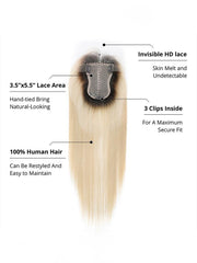 3.5x5.5 HD Lace Light Blonde Dark Roots Straight Clip On Hair Topper