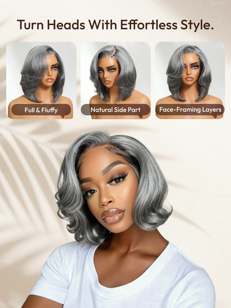 Bossy-Chic Salt and Pepper Side Part Blowout Layered Bob Glueless Wig 6.5x1.5 Lace