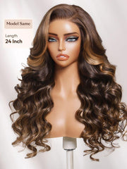 7x5 Bye Bye Slip? Lace Chocolate Brown with Caramel Blonde Highlights Body Wave Wig with Side Part Bangs
