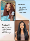 Petaluxe 2 Wigs $179 for 18" Pre-Cut 4x4 Lace Reddish Brown Loose Deep Wave and 18" Byebye Knots Yaki Straight Hair Wig
