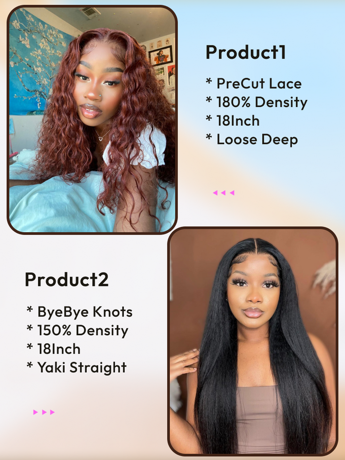 Petaluxe 2 Wigs $179 for 18" Pre-Cut 4x4 Lace Reddish Brown Loose Deep Wave and 18" Byebye Knots Yaki Straight Hair Wig