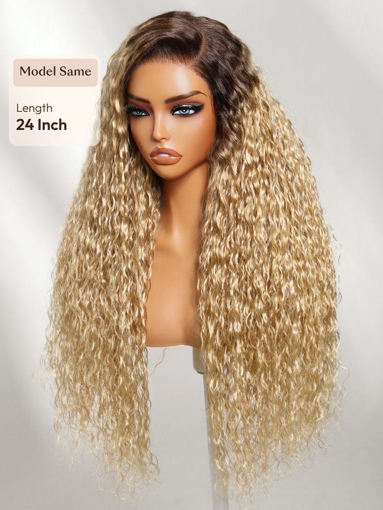 13x4 Bye Bye Slip? Lace Frontal Light Blonde With Dark Roots Glueless Water Wave Side Part Wig with Invisi Drawstring
