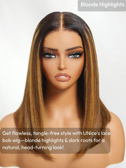 Bye-Bye Knots 7x5 Lace Brown With Blonde Piano Highlights Blunt Bob Wig with Dark Roots
