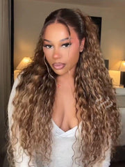 Must-Have 7x5 & 13x4 Bye Bye Slip? Lace Frontal Caramel Brown With Honey Blonde Highlights Water Wave Glueless Drawstring Wig