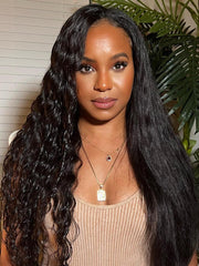 2 in 1 Dry Straight & Wet Deep Wave Hand-Tied V Part Wigs Wet And Wavy Hair Natural Black Color