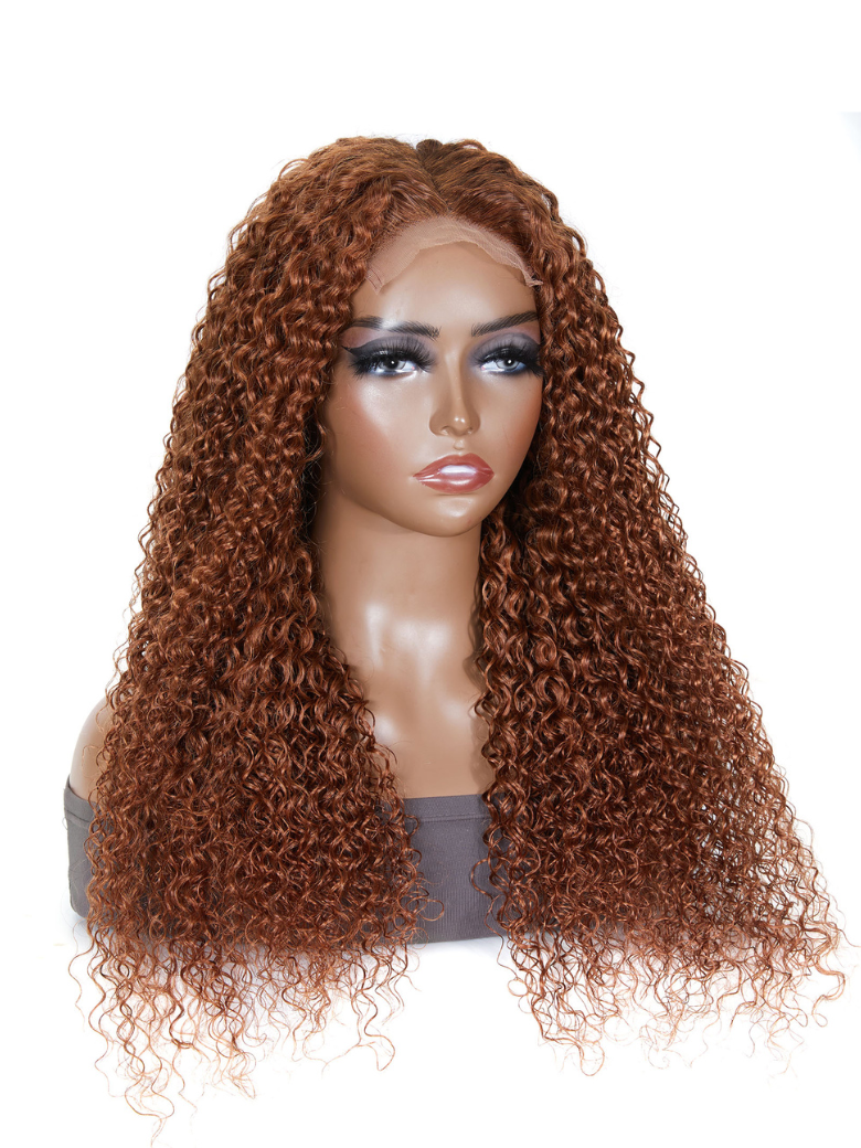 Medium Auburn Jerry Curly Human Hair Glueless Lace Wig 150% Density