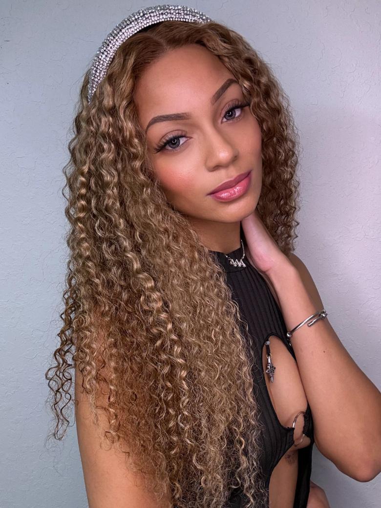Real Ear To Ear Super Secure 13x4 Lace Frontal Honey Blonde Highlights Jerry Curly Pre-Everything Bouncy Wig with Baby Hair