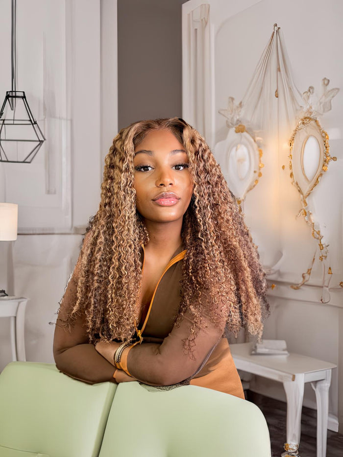 Petaluxe Put On And Go 6x4.5 Pre-Cut Lace Honey Blonde Kinky Curly Glueless Air Wig