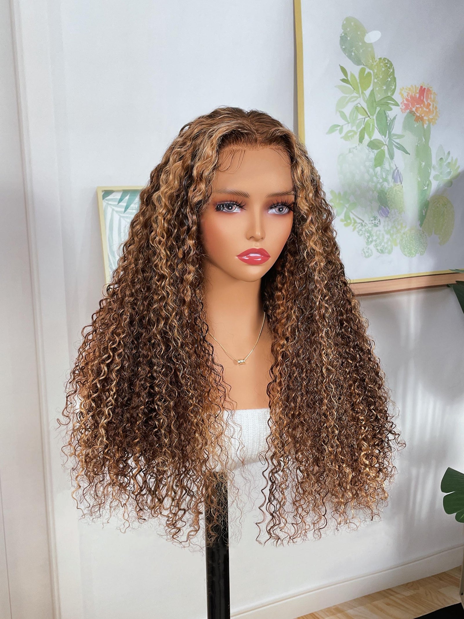 Lace Front Honey Blonde Money Piece Highlight Curly Human Hair Wigs