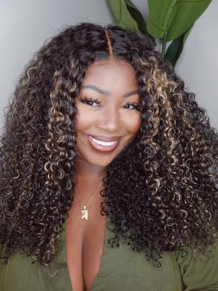 Petaluxe Pre-Cut 6x4.5 Lace Curly Bob Wig With Blonde Piano Highlights 150% Density