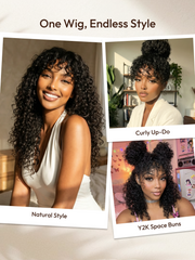 [18Inch=$129] Shaggy Curly Wig with Pre-Cut Bangs | Glueless Beginner-Friendly 4��0.75 Lace | Natural Black