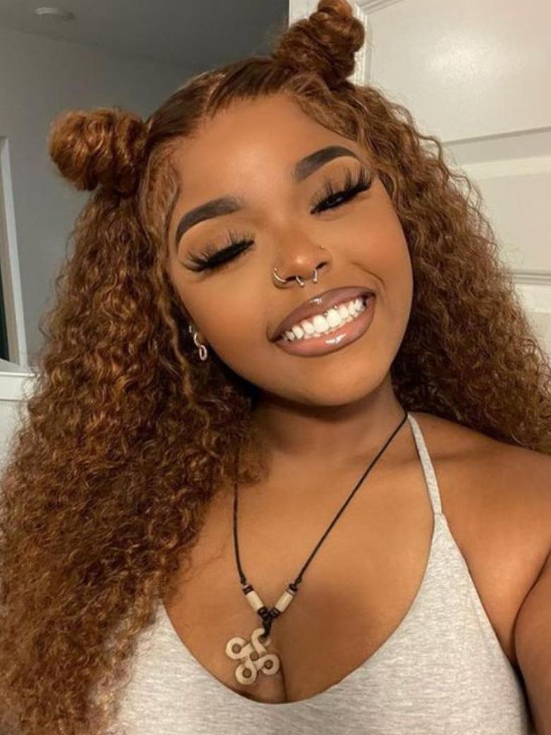 Bye Bye Knots Wig 7x5 Glueless Lace Highlight Piano Brown Kinky Curly Wig with Bleached Knots