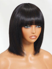 Black Yaki Wig Human Hair Glueless Wig with Blunt Bangs