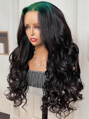 [22"=$99] 13x4 Lace Front Neon Green Roots Black Hair Loose Wave 150% Density Wig