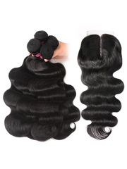 Hair Body Wave Hair Bundles with Closure 100% Unprocessed Human Hair 4 Bundles with Middle Part T Part Lace Closure Natural Color