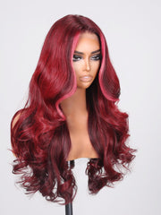 13X4 Lace Front Deep Burgundy With Pink Face Framing Highlights Loose Wave Wig