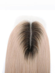 3.5x5.5 HD Lace Sandy Blonde Dark Roots Straight Clip On Hair Topper