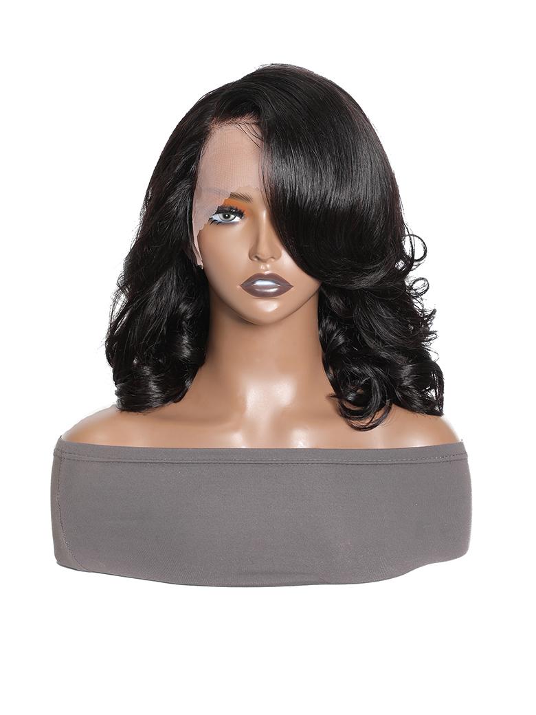 Feather Bangs Wave Bob Wig Human Hair Transparent Lace Front Wig