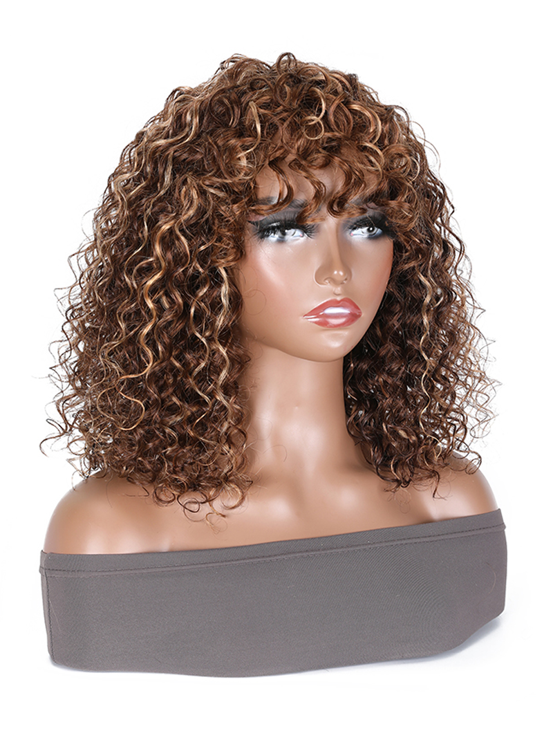 Highlight Brown Glueless Deep Wave Honey Blonde Wig with Bangs