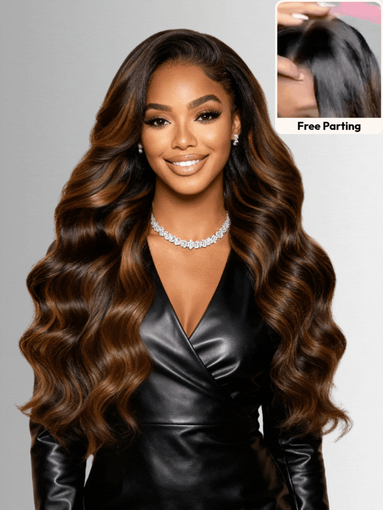 7x5 Bye Bye Knots? Wig Glueless Lace Balayage Highlight Body Wave Drawstring & With Bangs Wig