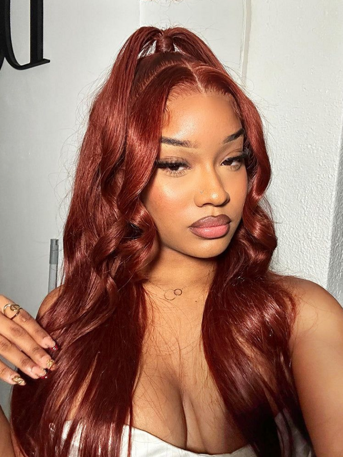 Petaluxe 6x4.5 PreCut Lace Body Wave Wig Copper Brown Put On And Go Lace Air Wig 150% Density