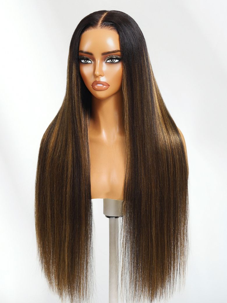 [20"-24"] Bye Bye Slip? Wig 7x5 Glueless Lace Black & Balayage Highlights Yaki Straight Wig With Elastic Drawstring 360 Cozy Hug 180% Density