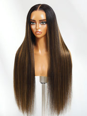 [20"-24"] Bye Bye Slip? Wig 7x5 Glueless Lace Black & Balayage Highlights Yaki Straight Wig With Elastic Drawstring 360 Cozy Hug 180% Density