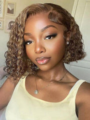 Bye Bye Knots 7x5 Pre-Cut Lace Honey Blonde Highlights Bouncy Water Wave Bob Wig