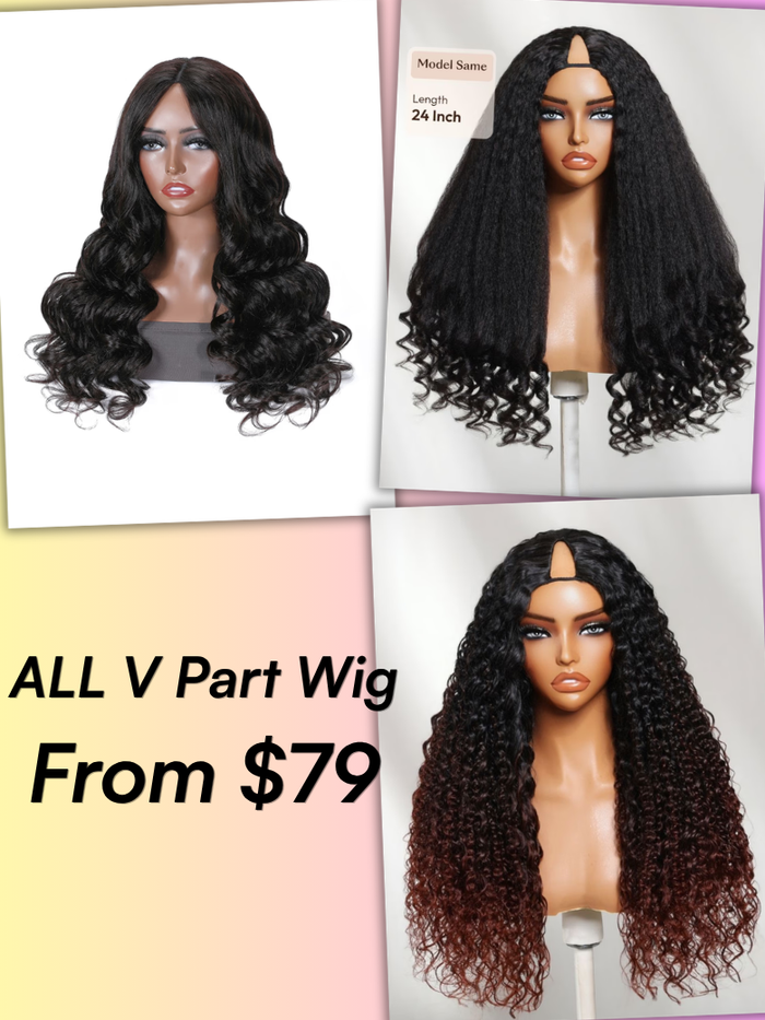Petaluxe [From 22"] All V Part Wigs From $79: Body Wave | Black Kinky Straight with Spiral Curly Ends | Black to Reddish Brown Ombre Water Curly