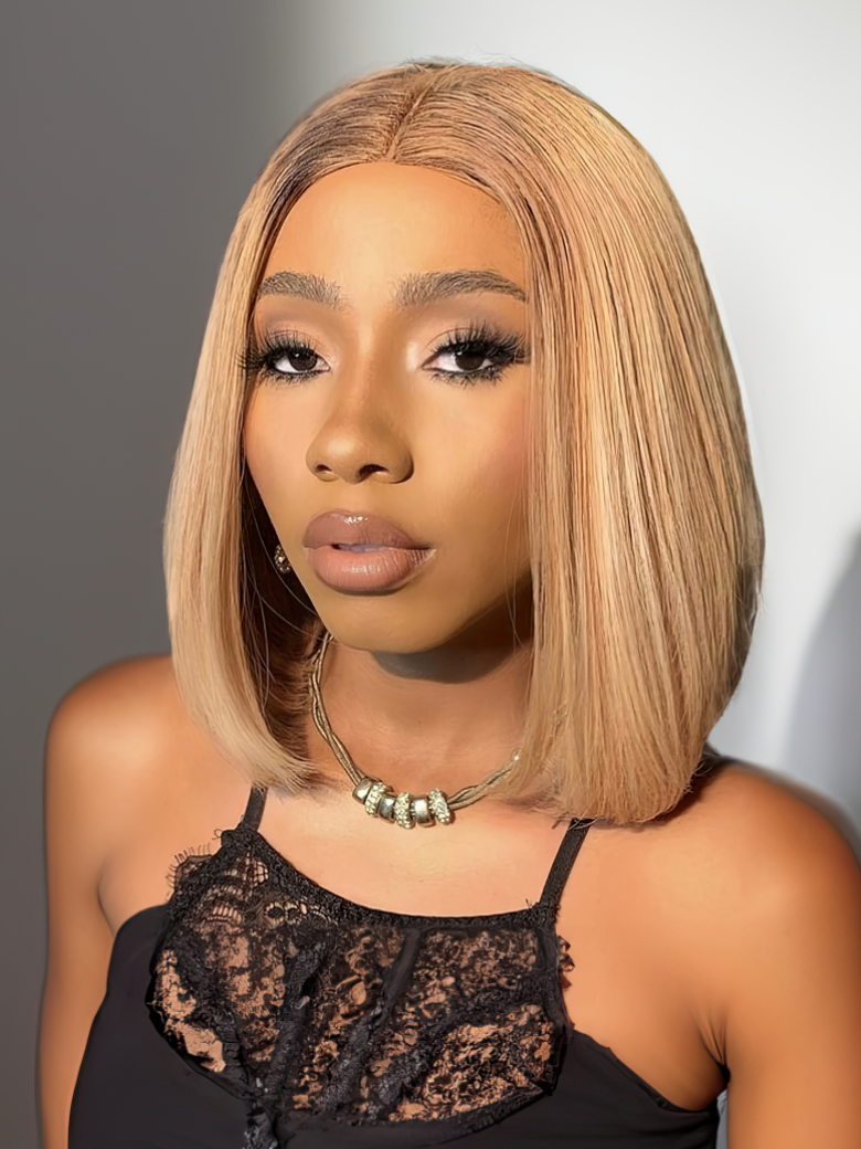 Sun Kissed Brown With Dark Roots Blunt Cut 13x5 T Part Bob Wig