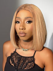 Sun Kissed Brown With Dark Roots Blunt Cut 13x5 T Part Bob Wig