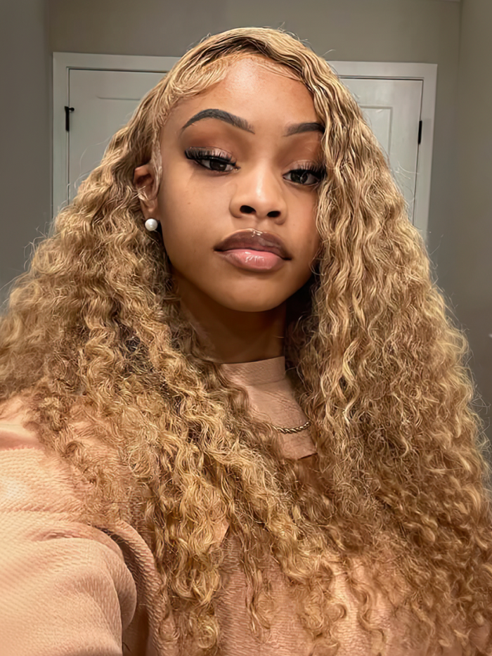 Petaluxe 13x4 Lace Front Light Golden Brunette Glossy Water Wave Wig 150% Density