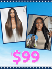 From 20'' 7x5 Bye Bye Knots Yaki Straight With Invisible Drawstring Wig& Brown Ombre V Part Yaki Wig