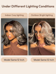 13x4 Pre-Everything? Pre-Cut Lace Frontal Dark Brown with Face Framing Highlights Layered Cut Bob Drawstring Wig