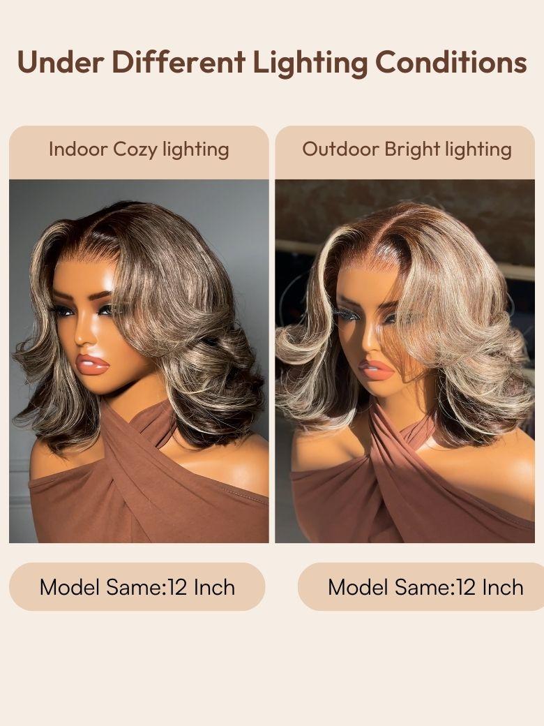 13x4 Pre-Everything? Pre-Cut Lace Frontal Dark Brown with Face Framing Highlights Layered Cut Bob Drawstring Wig