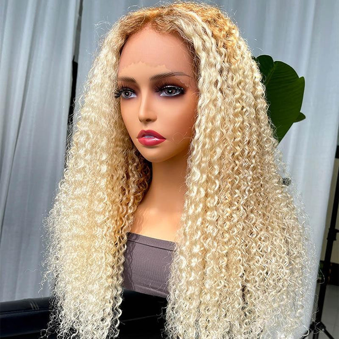 Petaluxe Super Sale Light Blonde With Honey Brown Roots Curly Lace Front Wig 150% Density