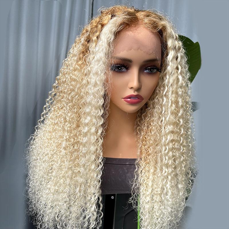 Super Sale Light Blonde With Honey Brown Roots Curly Lace Front Wig 150% Density