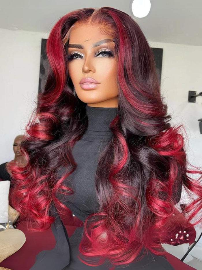 Petaluxe 200% Density 13x4 Lace Front Dark Brick Red Ombre Loose Wave Wig